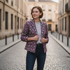 Pura Vida Womens Size 6 Pink Black Geometric Tapestry Double Breasted Pea Coat